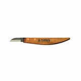 Wood carving knife with curved wooden handle and short straight blade for woodworking