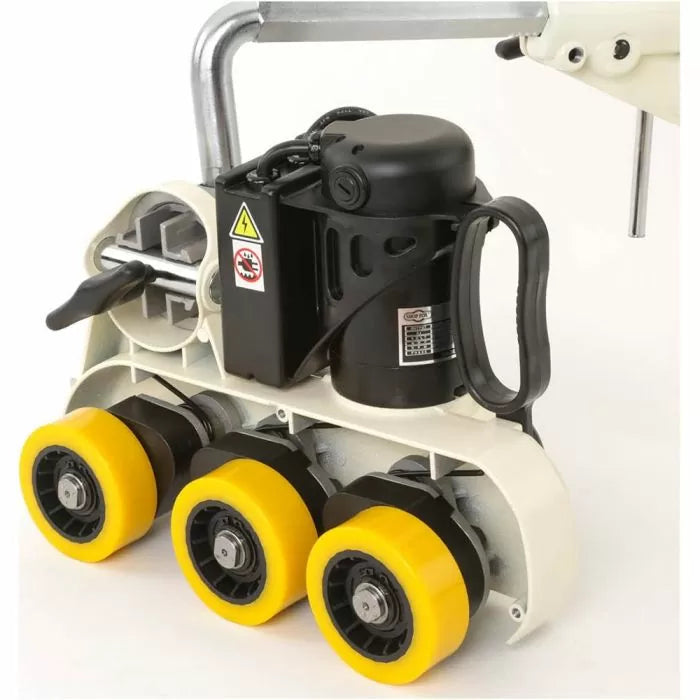 Woodworking power feeder with four yellow wheels and black motor on a white background