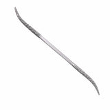 Double-ended curved wood rasp file with textured surfaces for woodworking detail