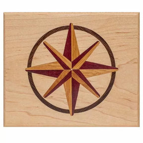 Wood inlay compass rose pattern on a square maple board, woodworking project sample