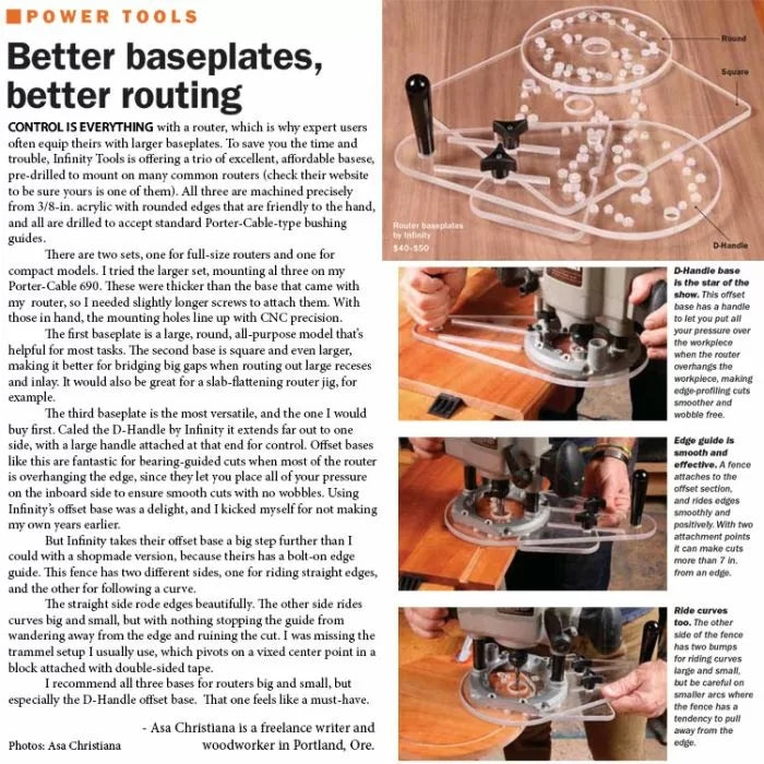 Clear acrylic router baseplates for woodworking, including round, square, and D-handle designs, shown installed on routers for better precision and control.