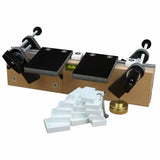 Woodworking joinery jig with black clamps, adjustment knobs, and plastic shims on white background