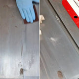 Person cleaning and polishing a table saw top, showing before and after rust removal results