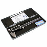 Digital caliper measuring tool kit with instructions and battery in foam-lined case