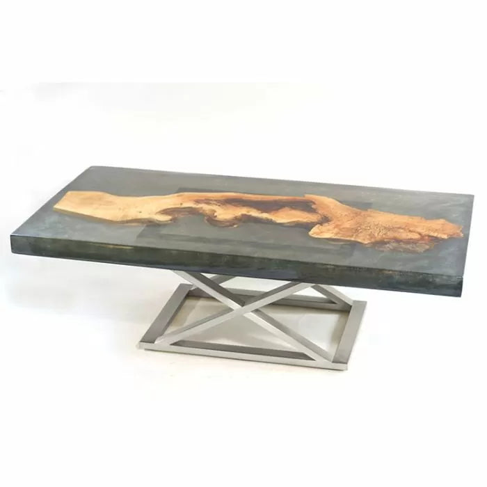 Modern epoxy resin river table with live edge wood slab and metal base, woodworking decor
