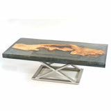 Modern epoxy resin river table with natural wood slab and metal base, woodworking project