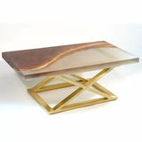 Modern epoxy resin and wood coffee table with gold geometric metal base, woodworking design