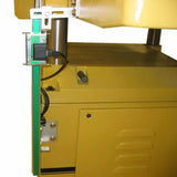 Digital height gauge installed on yellow woodworking machine for precise measurement