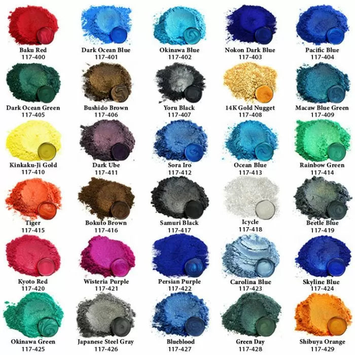 Color pigment swatches with names and codes, showing a variety of vibrant powder colors.