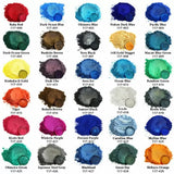 Color pigment swatches with names and codes, showing a variety of vibrant powder colors.