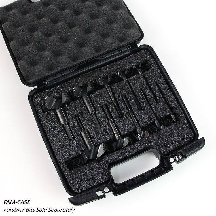Foam-lined black storage case for Forstner bits, empty slots, durable woodworking tool case