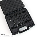 Foam-lined plastic case for holding Forstner drill bits, empty, with handle and secure slots.