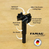 Forstner drill bit with hex shank, chip breaker edges, and black oxide coating on wood surface