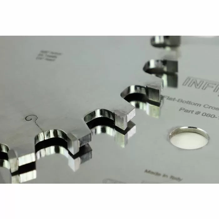 Close-up of precision saw blade teeth for woodworking, flat-bottom crosscut design