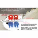 Table saw setup guide showing MJ Splitters in single and double configurations with measuring tape.