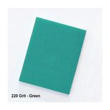 Green 220 grit sanding sponge for woodworking, rectangular, on white background.