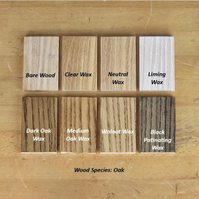 Oak wood samples with different wax finishes, labeled for woodworking comparison