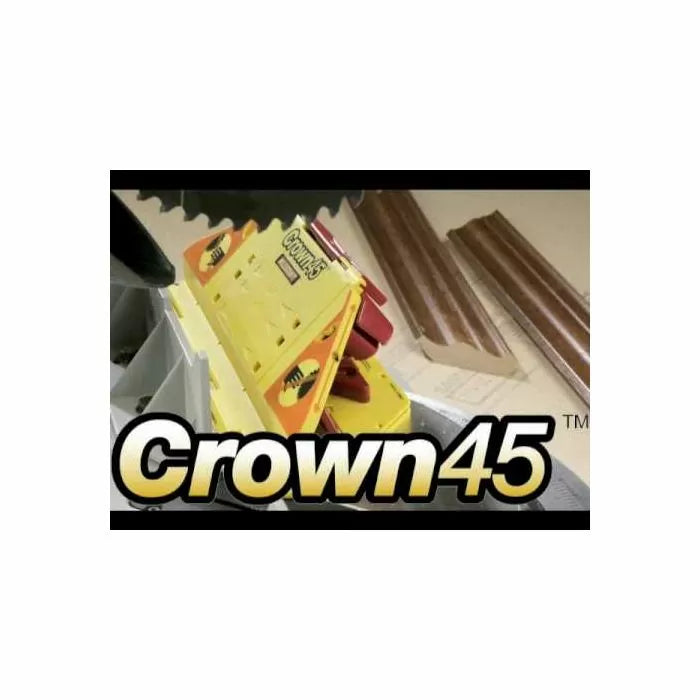 Crown45 woodworking jig guide on saw table with crown molding pieces