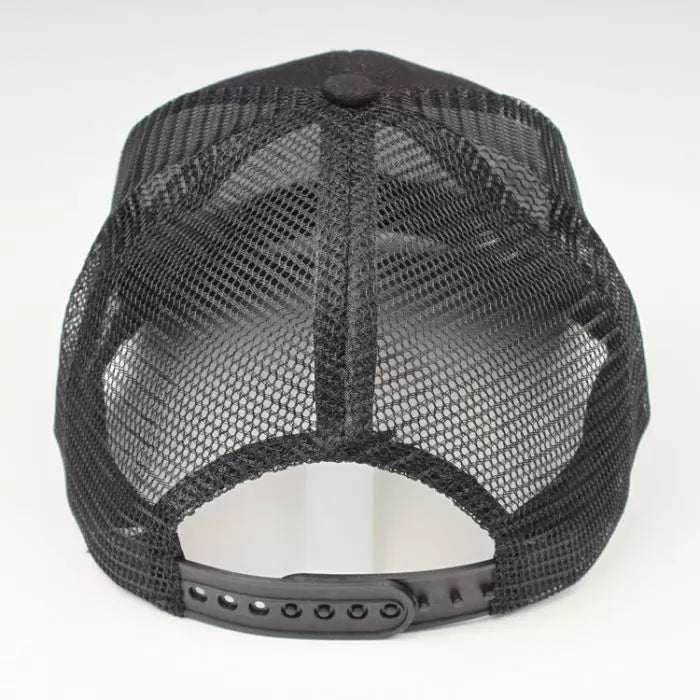 Black mesh trucker hat with adjustable snapback closure, rear view on white background