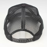 Black mesh trucker hat with adjustable snapback closure, rear view on white background