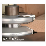 Stacked woodworking router cutter heads shaping wood with SX and DX configuration labels.