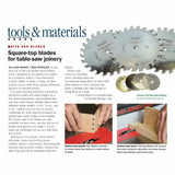 Square-top table saw blades for precise woodworking joinery, shown with box joint and tenon cuts.