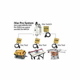 iVac Pro System diagram showing switch and tool controllers connected to woodworking machines.