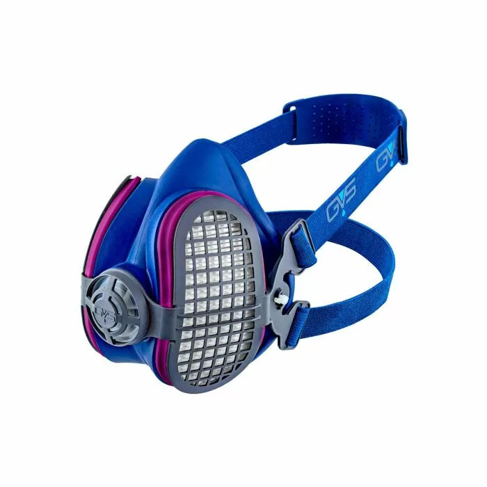 Blue and purple half-face respirator mask with dual adjustable straps and filter cartridges