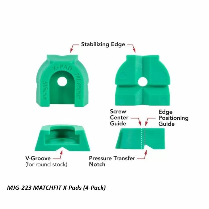 Green MATCHFIT X-Pads set with labeled woodworking features for clamping and positioning
