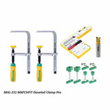 MATCHFIT Dovetail Clamp Pro set with two clamps, router bit, hardware, and setup gauge for woodworking.
