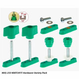 MATCHFIT hardware variety pack with green knobs, track nuts, bolts and washers for woodworking jigs.