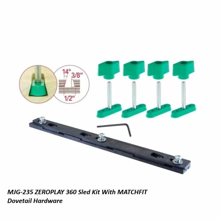 ZEROPLAY 360 Sled Kit with four green MATCHFIT dovetail clamps, bar, hex key, and gasket diagram.