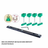 ZEROPLAY 360 sled kit with green MATCHFIT dovetail hardware and black metal track for woodworking