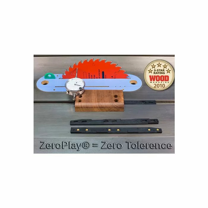 Table saw alignment gauge kit with dial indicator, miter bars, and saw blade on metal surface