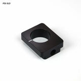 Black anodized aluminum stop block for woodworking tools on white background