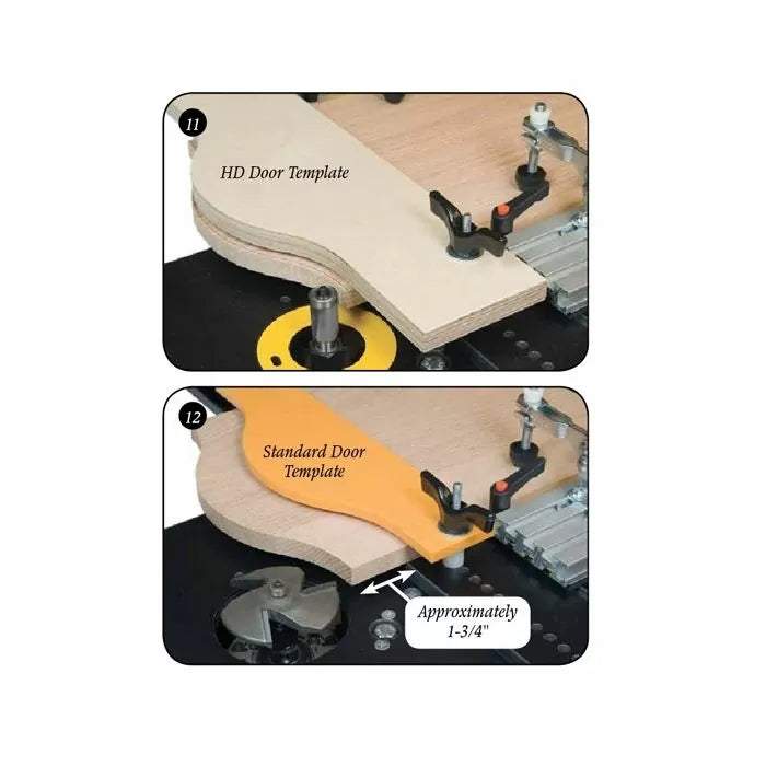 HD and standard door templates for woodworking router table, clamped for precision cutting.