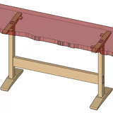 3D diagram of a woodworking workbench with live edge wood top and sturdy base