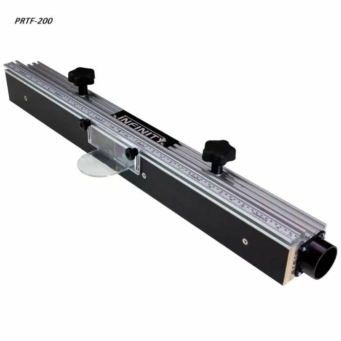 Router table fence with scale, knobs, and dust port for woodworking precision