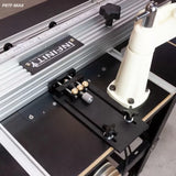 Router table fence system with precision micro-adjuster and dust collection arm for woodworking
