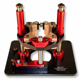 Precision woodworking router table lift system with red anodized components and sturdy base