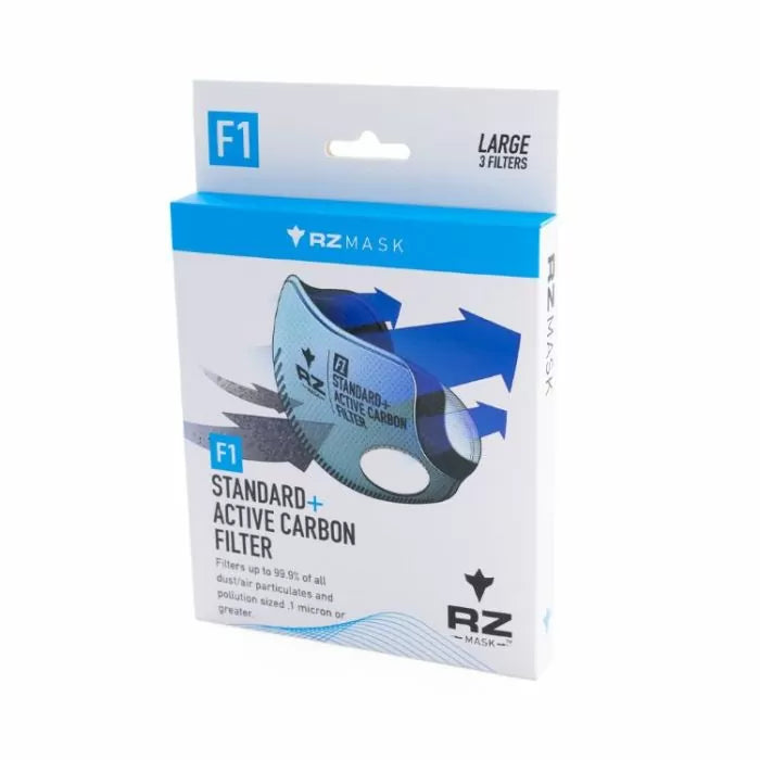 F1 standard active carbon filter for dust masks, large size, 3-pack box front view