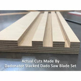 Close-up of plywood with multiple dado cuts made by stacked dado saw blades on a workbench