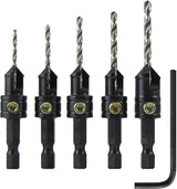 Set of five black countersink drill bits with hex shanks and an L-shaped hex key