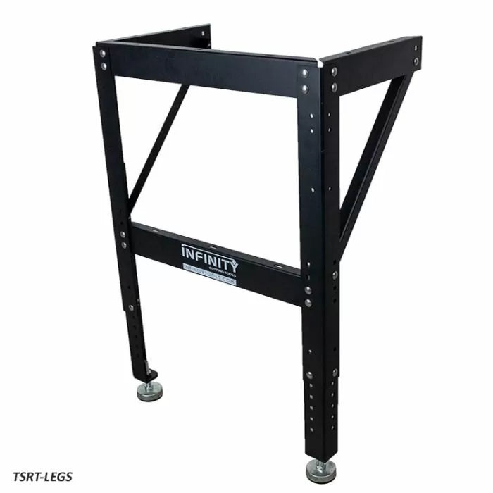 Adjustable black steel router table stand with leveling feet for woodworking shop
