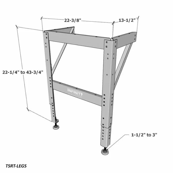Adjustable metal router table stand with labeled dimensions and support braces.