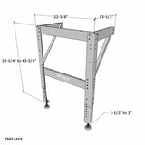 Adjustable steel router table stand with dimensions and leveling feet for woodworking shop setup