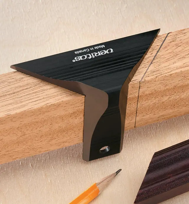 Miter saddle tool marking precise angles on a wooden board for woodworking projects