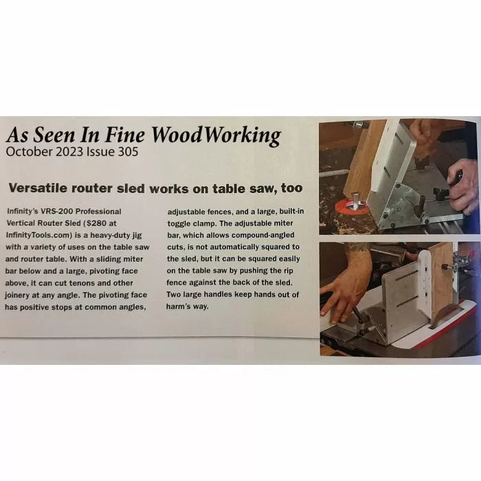 Professional vertical router sled in use on a table saw with hands guiding wood for woodworking.