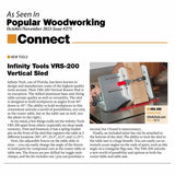 Infinity VRS-200 Vertical Sled on table saw, clamping wood at adjustable angle.