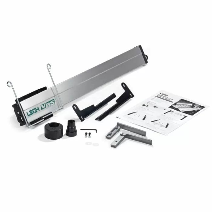 Leigh VRS dust collection kit for woodworking, with metal rail, fittings, brackets, and manual.